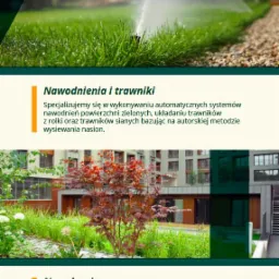 Zdjęcie z ulotki reklamowej prezentujące automatyczny system nawadniania trawnika w Bytomiu oraz nasadzenia drzew i krzewów na tle budynku mieszkalnego.