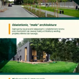 Nowoczesny dom z szarą elewacją i drewnianymi akcentami, otoczony zadbanym trawnikiem i zielenią, z widocznym fragmentem alejki z młodymi drzewkami.