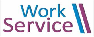 Logo Work Service: niebieski napis 'Work' nad fioletowym 'Service', podkreślone ukośnymi liniami w tych samych kolorach. Minimalistyczny, nowoczesny design.