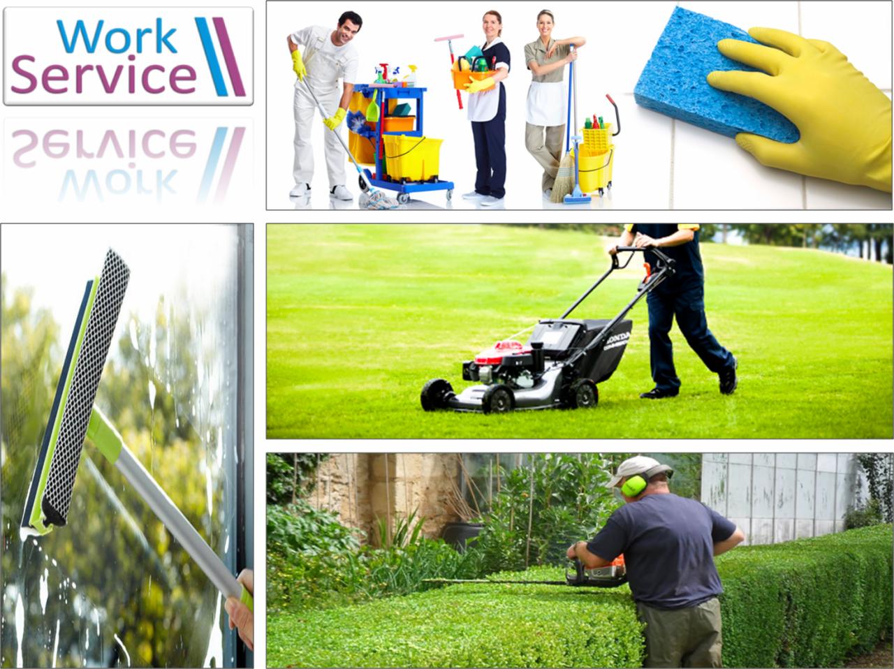 Kompozycja zdjęć prezentujących różne usługi: sprzątanie, mycie okien, koszenie trawy i przycinanie żywopłotu. Różnorodność narzędzi i etapy pracy.