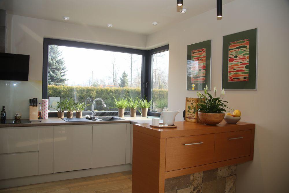 Jasna kuchnia z oknem na zieleń: minimalistyczne szafki, rośliny w doniczkach na blacie, grafiki na ścianie. Ujęcie z perspektywy wnętrza.