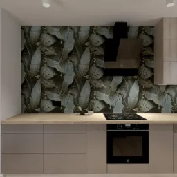 Nowoczesna kuchnia z szafkami w kolorze taupe, blatem imitującym jasne drewno oraz ścianą wyłożoną płytkami z motywem tropikalnych liści. Na blacie płyta indukcyjna i mała roślina doniczkowa.