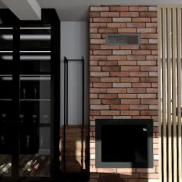Wnętrze z ceglaną ścianą, czarnym regałem na wino, kominkiem i drewnianą ażurową ścianką działową, widok na kuchnię w tle.