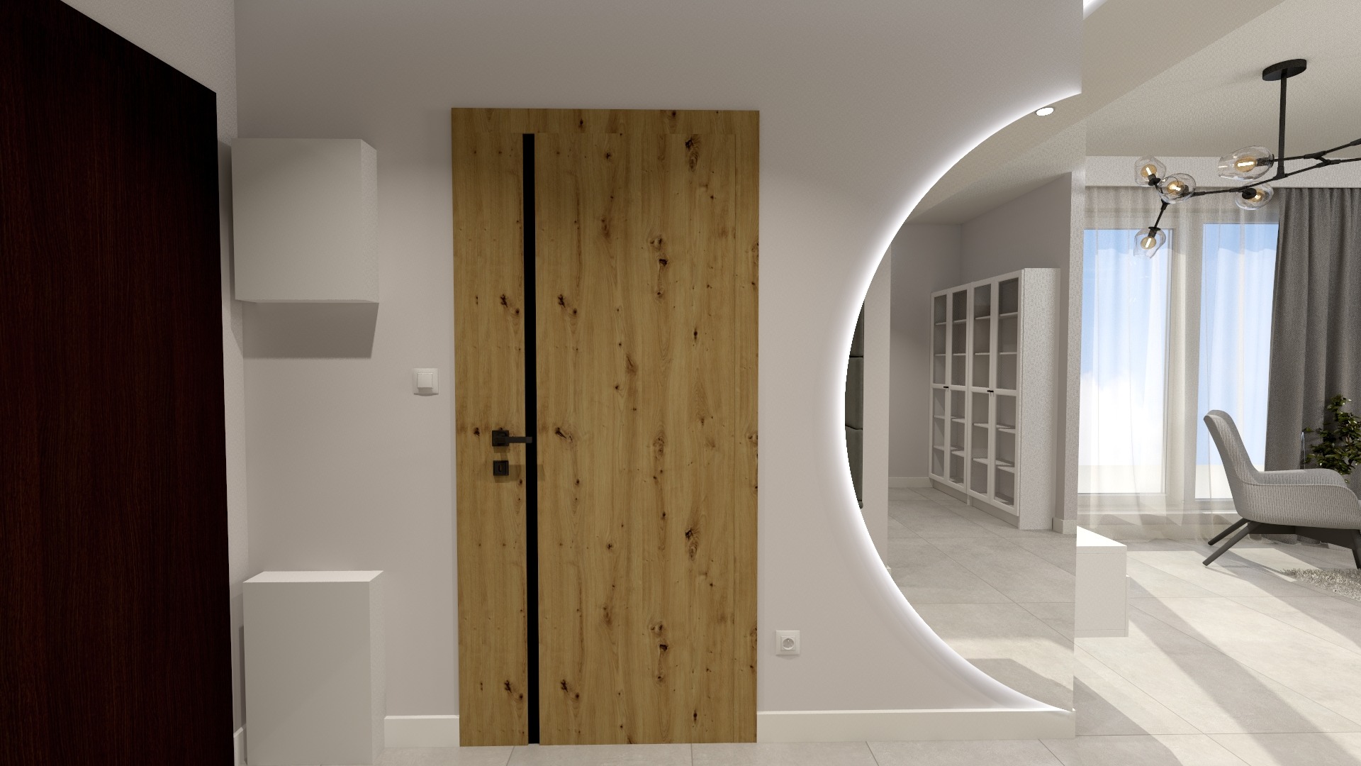 Nowoczesne wnętrze: drewniane drzwi z czarnym akcentem, oświetlone lustro w kształcie łuku i widok na salon z szarą zasłoną i krzesłem