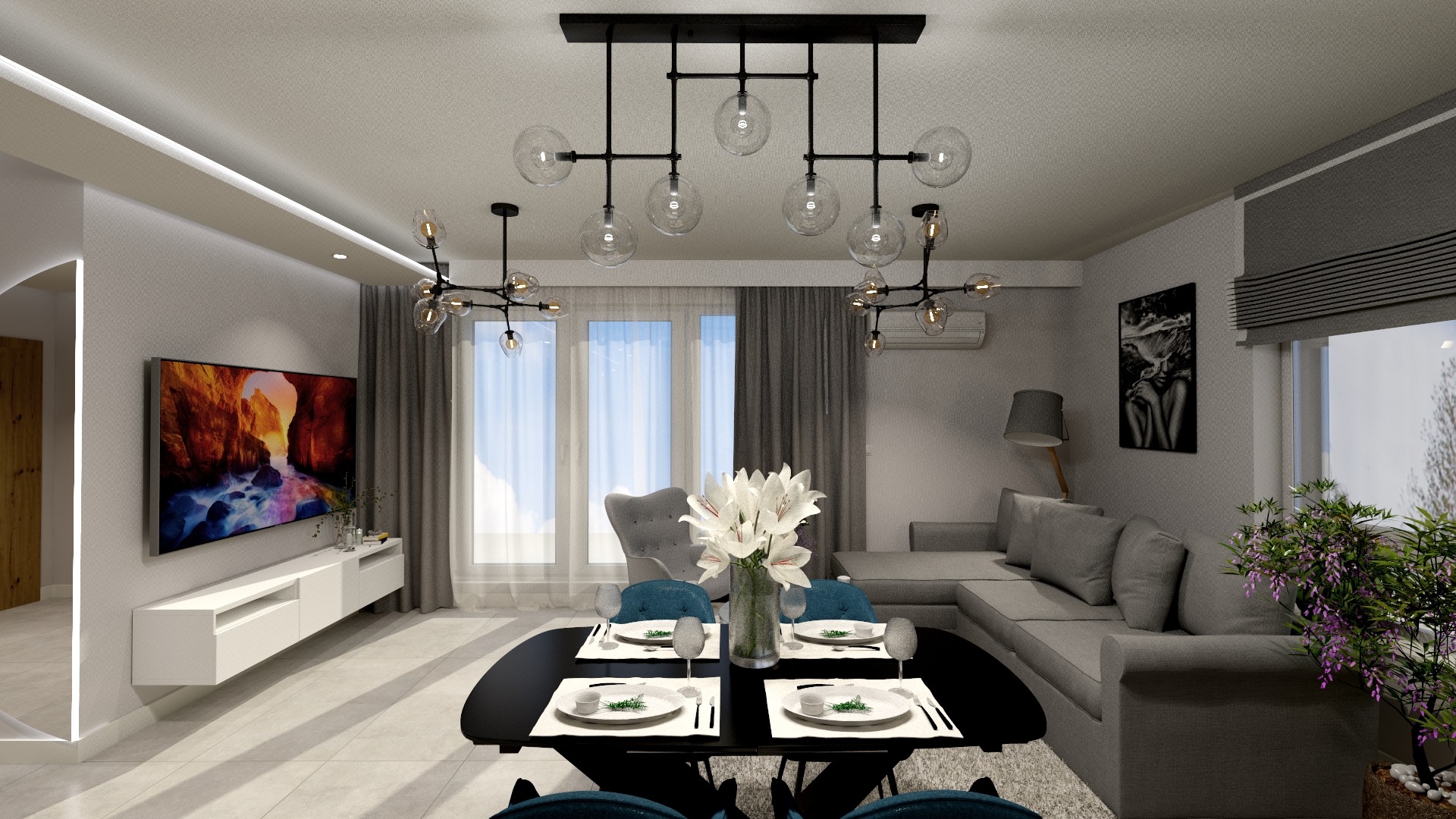 Wizualizacja jadalni z czarnym owalnym stołem nakrytym dla czterech osób, szary narożnik, biała szafka RTV pod telewizorem z wyświetlanym obrazem natury, dwie nowoczesne lampy sufitowe, szare...