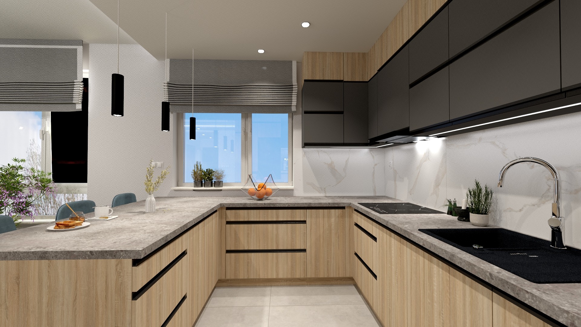 Wizualizacja nowoczesnej kuchni z drewnianymi szafkami, czarnymi frontami górnymi i marmurowym backsplashiem, oświetlona lampami wiszącymi i listwami LED pod szafkami.