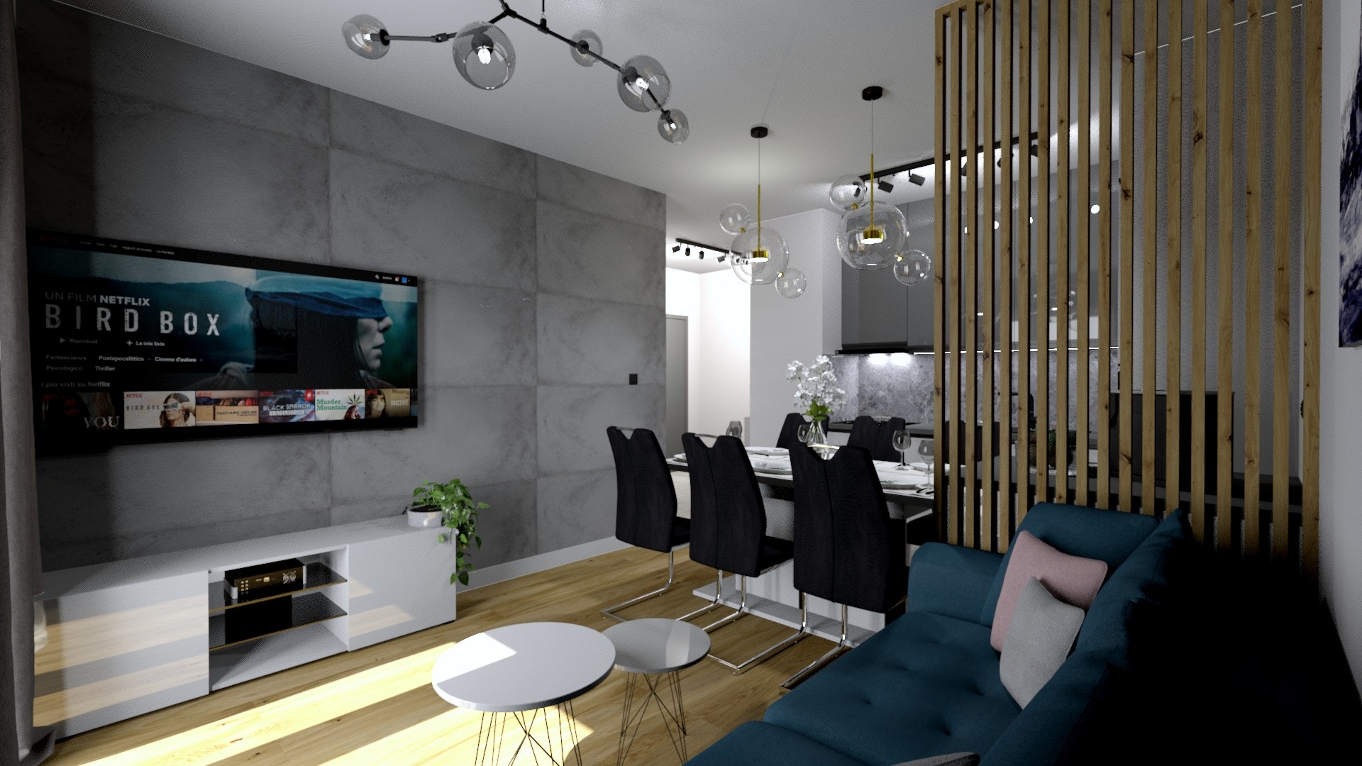 Wizualizacja salonu z betonową ścianą, telewizorem wyświetlającym film 'Bird Box', białym stolikiem RTV, drewnianą podłogą i niebieską sofą z poduszkami, widok na jadalnię z czarnymi krzesłami...
