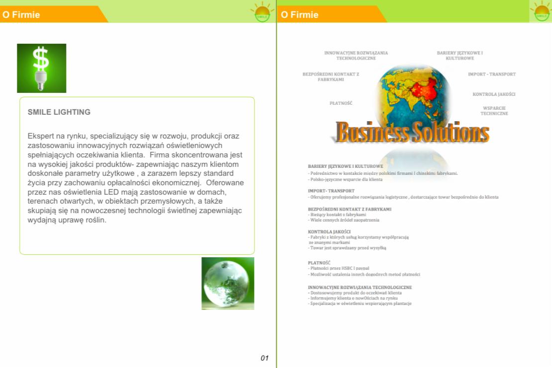 Reklama firmy Smile Lighting: żarówka z symbolem dolara, hasło i opis specjalizacji w oświetleniu LED dla domów, terenów otwartych, przemysłu i upraw roślin.