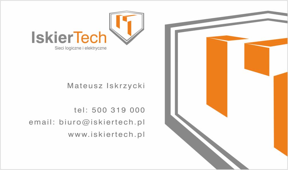 Wizytówka firmy IskierTech z pomarańczowym logo w kształcie litery 'I', świadczącej usługi w zakresie sieci logicznych i elektrycznych. Dane kontaktowe: telefon, email, strona www.