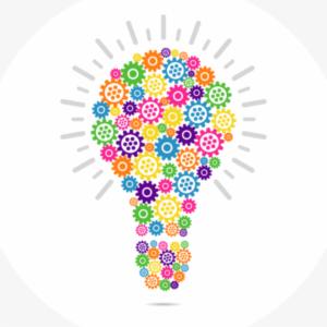 Żarówka z kolorowych trybów, symbolizująca kreatywność i innowacyjne rozwiązania. Jasne promienie wokół żarówki na białym tle.