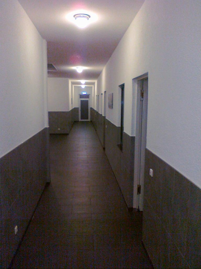 Długi korytarz z ciemną podłogą z płytek i ścianami pomalowanymi w połowie na szaro, oświetlony przez szereg lamp sufitowych. Widoczne drzwi i fragmenty obrazów.