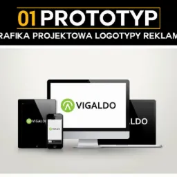 Wizualizacja logo 'Vigaldo' na ekranach urządzeń: monitora, laptopa, tabletu i smartfona. Prezentacja grafiki projektowej na różnych nośnikach cyfrowych.