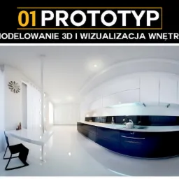 Wizualizacja 3D wnętrza kuchni w stylu minimalistycznym, z białymi ścianami i błyszczącą podłogą. Widoczne czarno-białe szafki, stół i krzesło. Ujęcie szerokokątne.