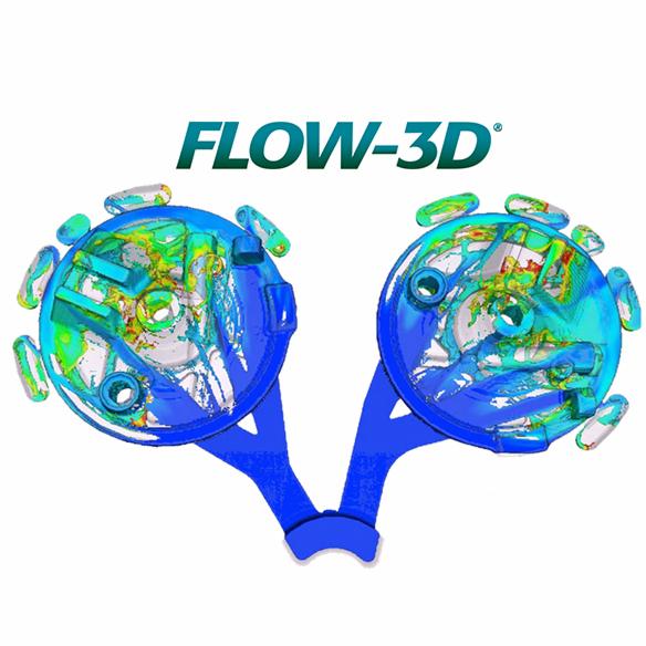 Wizualizacja 3D przepływu płynu przez element maszyny, wykonana w programie Flow-3D, z gradientem kolorów oznaczającym prędkość przepływu.
