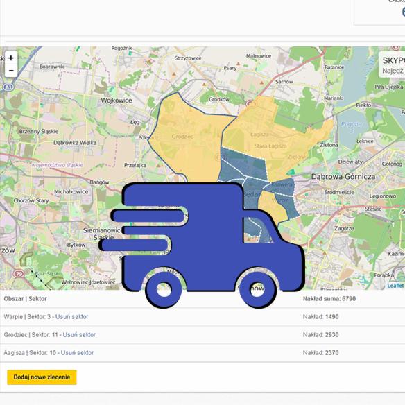 Mapa z zaznaczonymi sektorami i nałożoną ikoną niebieskiej ciężarówki, prawdopodobnie wskazująca obszary dostaw firmy kurierskiej.