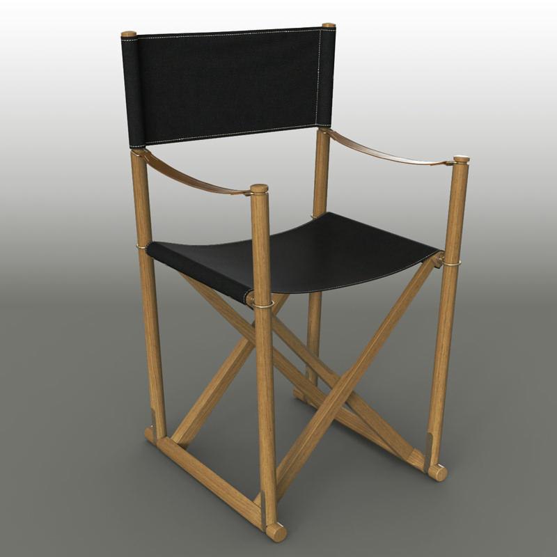 Reżyserskie krzesło z drewnianą ramą i czarnym tapicerowanym siedziskiem oraz oparciem, widoczne metalowe okucia.