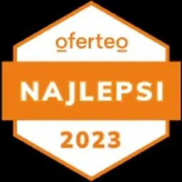 Pomarańczowy emblemat Oferteo Najlepsi 2023 na białym tle.