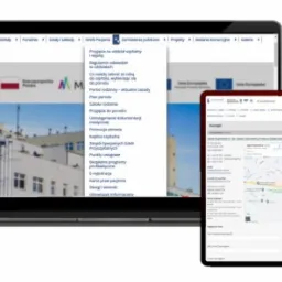 Laptop i tablet wyświetlają stronę internetową szpitala z menu rozwijanym i mapą dojazdu.