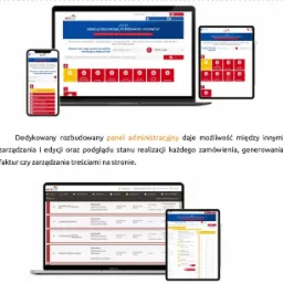 Prezentacja panelu administracyjnego strony internetowej na laptopie, tablecie i smartfonie, ukazująca funkcjonalności zarządzania treścią i zamówieniami, dedykowana dla klientów z Krakowa.