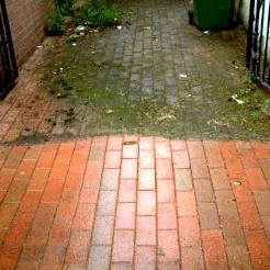 Częściowo wyczyszczona, czerwona kostka brukowa na podjeździe, kontrastująca z brudną, zieloną częścią. Widoczne otwarte bramy i kosz na śmieci w tle.