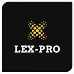 Czarne logo firmy LEX-PRO z żółtym symbolem X utworzonym z kropek, umieszczone na czarnym tle, sugerujące profesjonalne usługi prawne.