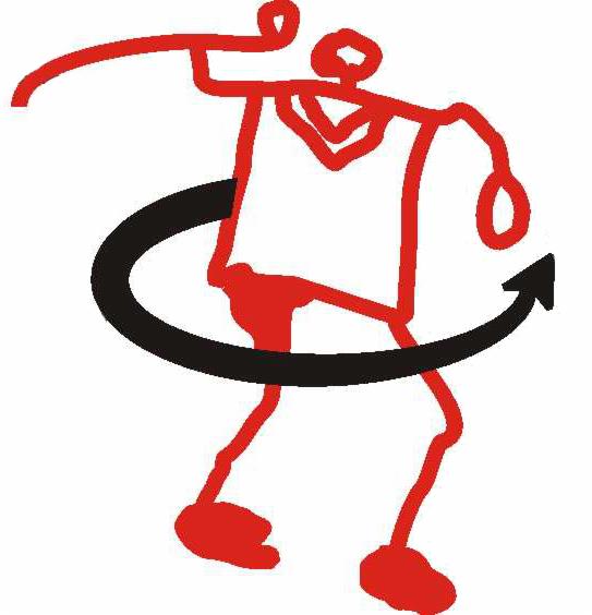 Czerwony schematyczny rysunek sportowca rzucającego oszczepem, z czarną strzałką okrążającą jego ciało, na białym tle.