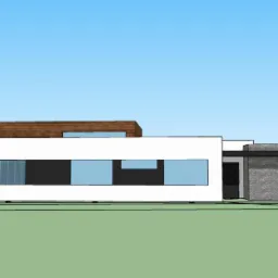 Wizualizacja domu jednorodzinnego z płaskim dachem, białymi ścianami i dużymi oknami, ukazująca bryłę budynku z boku.