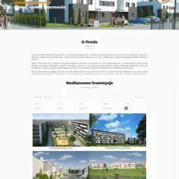 Strona internetowa dewelopera Akropol Inwestycje z wizualizacją osiedla domów jednorodzinnych, sekcja 'O firmie' i 'Realizowane inwestycje' z miniaturami innych osiedli.