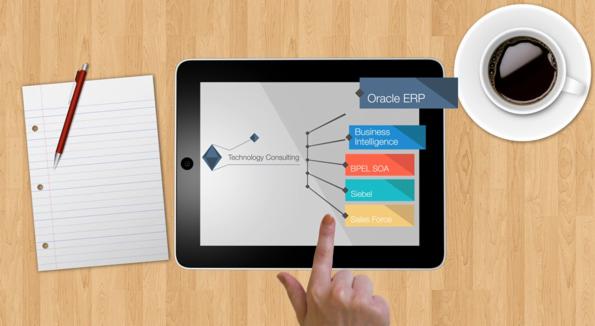 Tablet z grafiką 'Technology Consulting', notatnik, długopis i kawa na biurku. Prezentacja danych i konsulting biznesowy w nowoczesnym wydaniu.