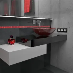 Nowoczesna łazienka w odcieniach szarości i czerni z akcentami czerwieni: umywalka w kształcie misy, minimalistyczna armatura, płyty imitujące beton, podświetlane lustro i flakon perfum na blacie.