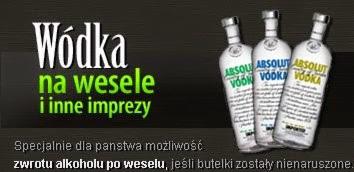 Reklama wódki na wesele i inne imprezy z możliwością zwrotu nienaruszonych butelek, prezentująca trzy butelki wódki Absolut z etykietami w kolorach zielonym, niebieskim i żółtym.
