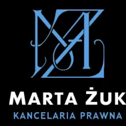 Niebieskie, stylizowane inicjały 'MŻ' na czarnym tle, poniżej biały napis 'Marta Żuk Kancelaria Prawna'.