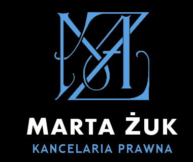 Niebieskie, stylizowane inicjały 'MŻ' na czarnym tle, poniżej biały napis 'Marta Żuk Kancelaria Prawna'.