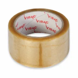 Rolka przezroczystej taśmy klejącej marki Vibac, widoczna etykieta z logo wewnątrz rolki, ujęcie z góry na białym tle.