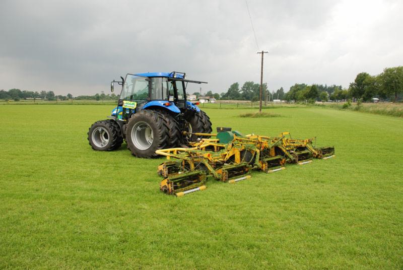 Niebieski traktor z żółtą kosiarką listwową na zielonym trawniku pod pochmurnym niebem. Widoczny słup energetyczny i drzewa w tle.