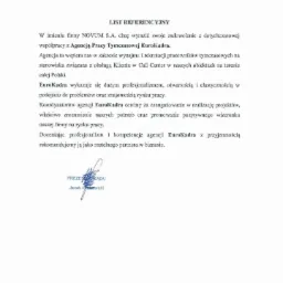 List referencyjny dla Agencji Pracy Tymczasowej EuroKadra od firmy Novum S.A. Dokument potwierdza zadowolenie ze współpracy i rekomenduje agencję.