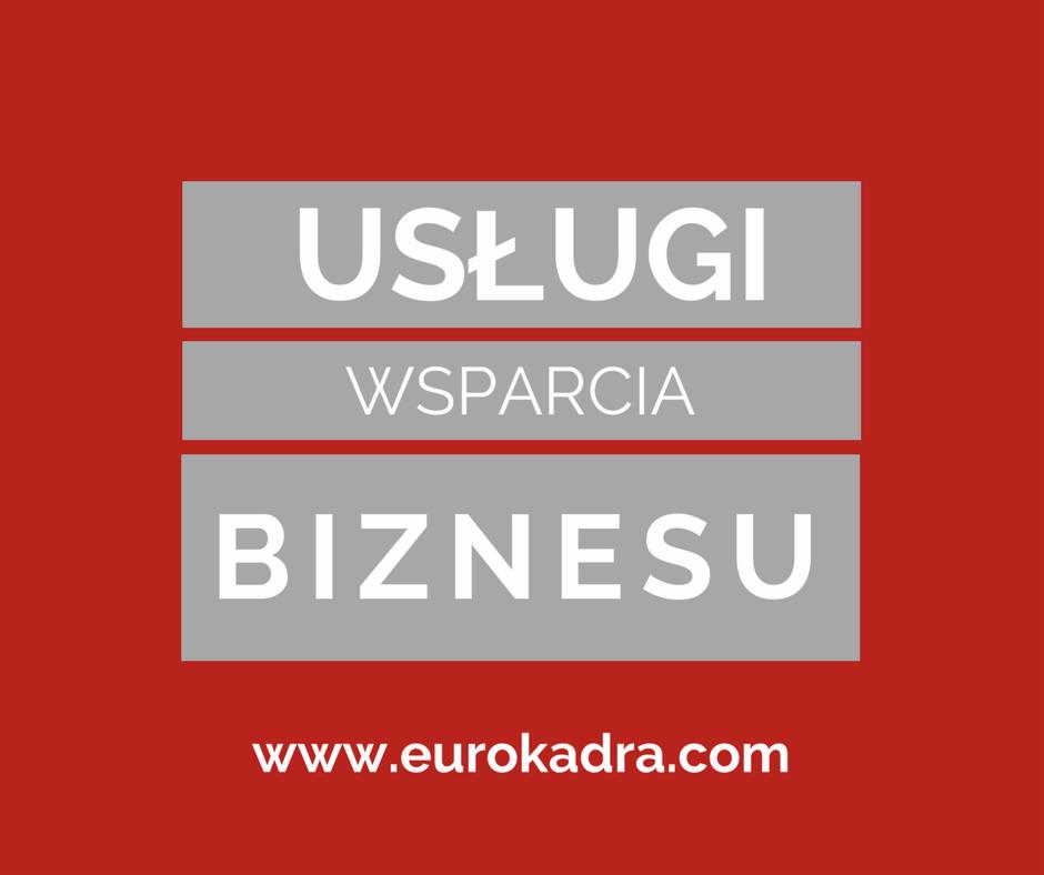 Grafika z napisem 'Usługi Wsparcia Biznesu' na szarych prostokątach, umieszczonych na czerwonym tle, z adresem strony internetowej www.eurokadra.com na dole.
