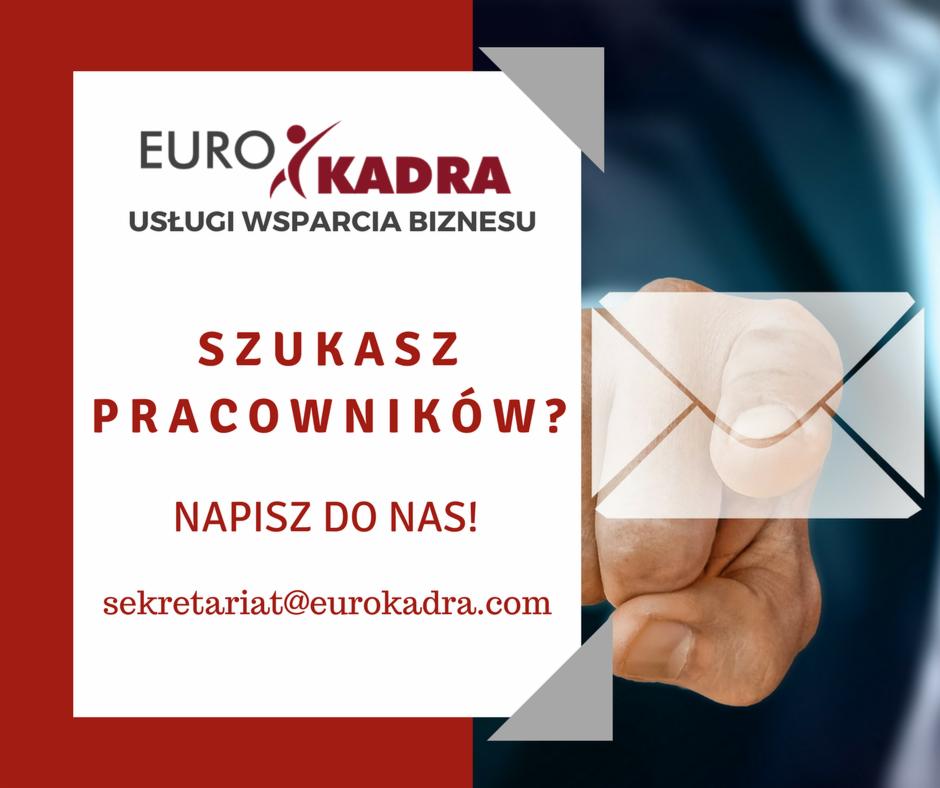 Reklama Eurokadra: Szukasz pracowników? Napisz do nas! Grafika z ręką wskazującą na ikonę koperty.