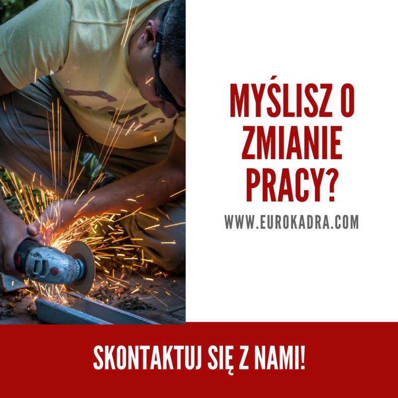 Mężczyzna w okularach ochronnych szlifuje metal szlifierką kątową, iskry w powietrzu, w tle napis 'Myślisz o zmianie pracy?' i 'Skontaktuj się z nami!' oraz adres strony internetowej. Usługi...