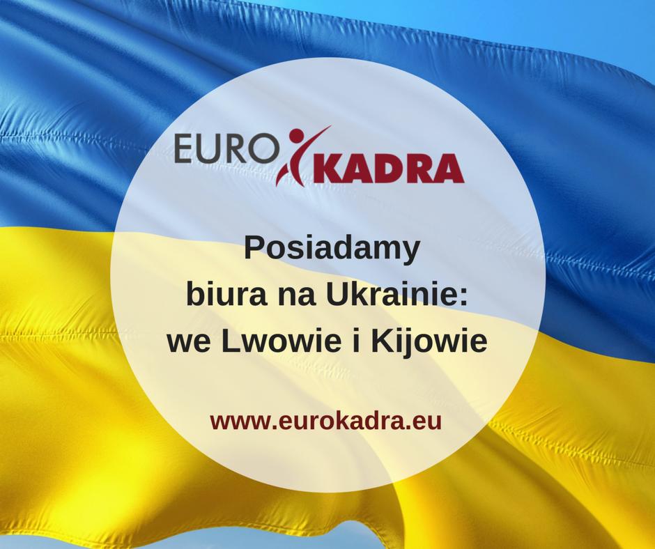 Logo firmy Eurokadra na tle flagi Ukrainy, z informacją o posiadaniu biur we Lwowie i Kijowie oraz adresem strony internetowej.