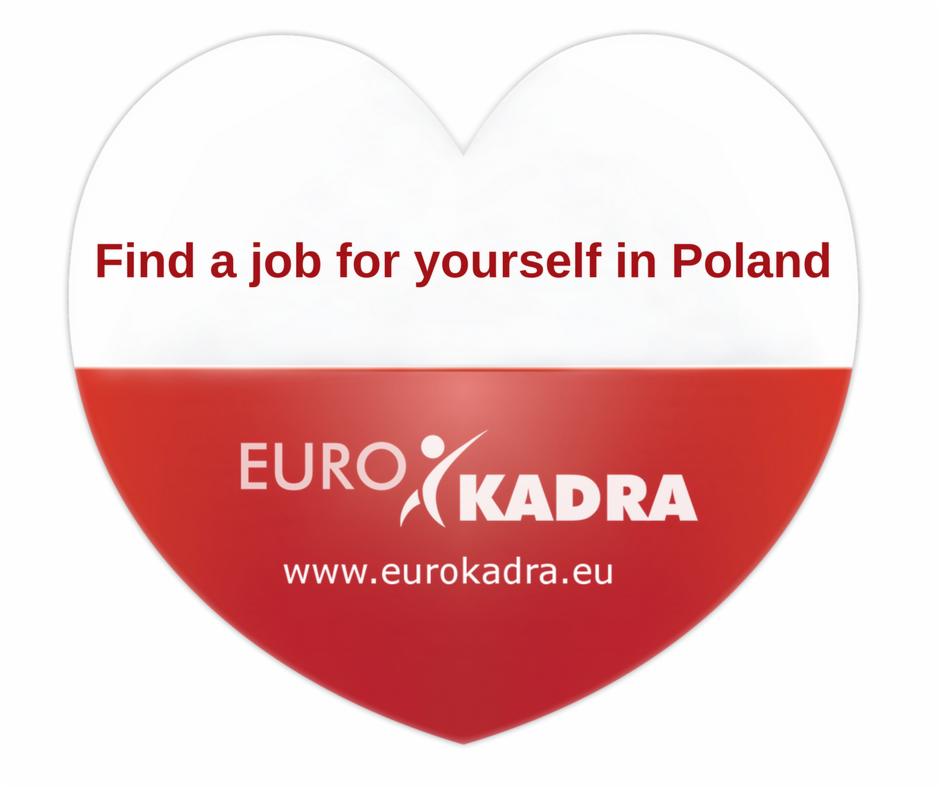 Logo Eurokadra w kształcie serca z polską flagą, oferujące znalezienie pracy w Polsce, adres strony internetowej widoczny na dole.