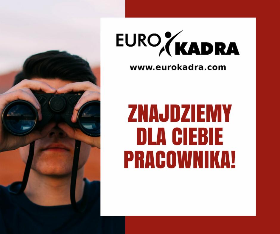 Młody mężczyzna patrzy przez lornetkę, obok logo firmy Euro Kadra i hasło 'Znajdziemy dla Ciebie pracownika!'