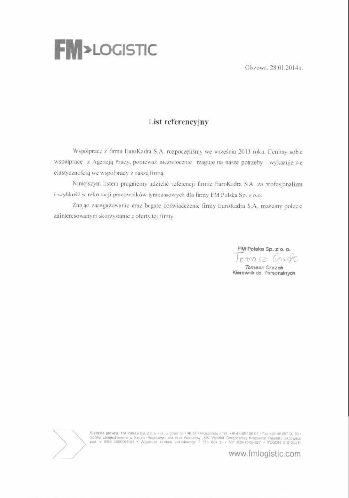 List referencyjny od FM Polska Sp. z o.o. dla EuroKadra S.A., potwierdzający profesjonalizm i szybkość w rekrutacji pracowników tymczasowych. Dokument z datą 28.01.2014.
