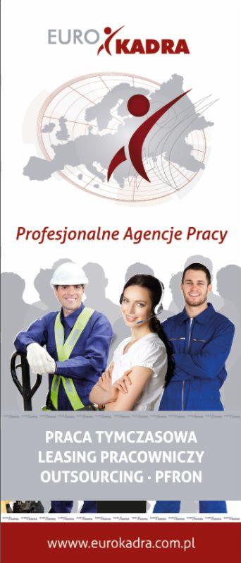 Profesjonalna agencja pracy Eurokadra: pracownicy w strojach roboczych, leasing pracowniczy, outsourcing, PFRON, mapa Europy w tle, adres strony internetowej.