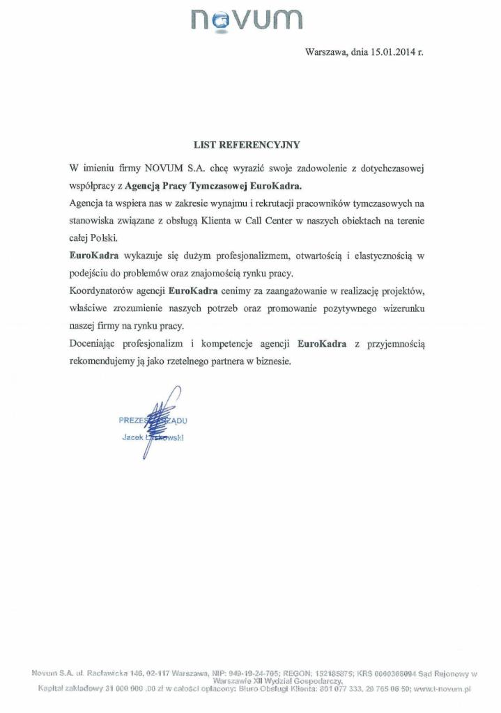 List referencyjny dla Agencji Pracy Tymczasowej EuroKadra od firmy Novum S.A. Dokument potwierdza zadowolenie ze współpracy i rekomenduje agencję.