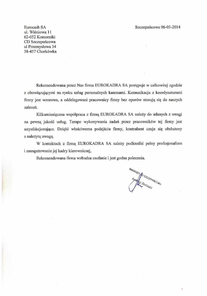 Skan rekomendacji dla EUROKADRA SA, datowany na 06-03-2014. Dokument podkreśla profesjonalizm i zaangażowanie kadry kierowniczej firmy.