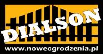 Żółto-czarne logo firmy Dialson na czarnym tle z adresem www.noweogrodzenia.pl. Stylizowane ogrodzenie w tle nazwy firmy.