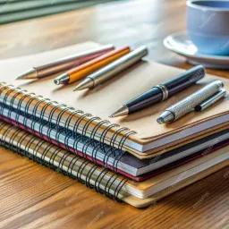 Stos trzech spiralnych notatników z brązowymi okładkami, leżących na drewnianym biurku, z kilkoma długopisami i piórami na wierzchu oraz filiżanką kawy w tle.