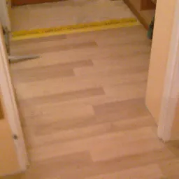 Ułożone panele podłogowe w korytarzu, widok z góry, jasne drewno, listwa przypodłogowa, fragment drzwi. W tle widoczny fragment innego pomieszczenia.