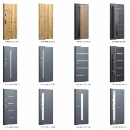 Kolekcja dwunastu nowoczesnych drzwi wejściowych w odcieniach drewna i szarości, prezentowanych na białym tle, z różnymi wzorami i detalami, w tym z elementami ze stali nierdzewnej i przeszkleniami.